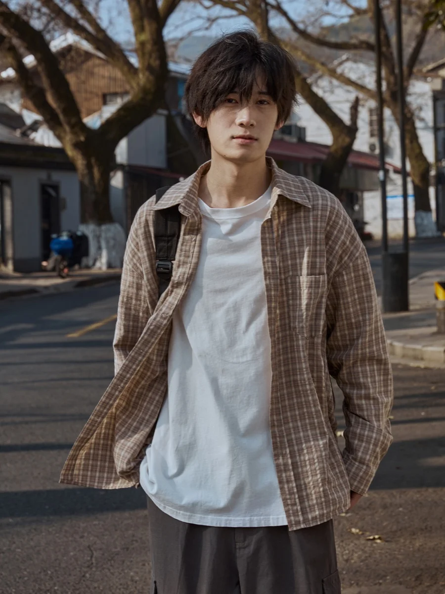 

Retro y Plaid irt Men's Long Sve Spring Autumn Loose Casual irt Jaet for Teenagers And Adults