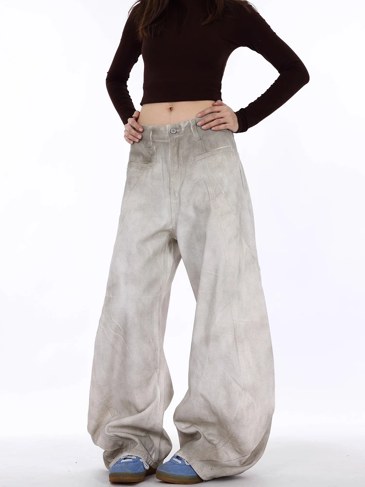 الرجعية الأمريكية الثقيلة دو Waed الأبيض الملون تفكيك سكين الجينز الرجال النساء فضفاضة مستقيم واسعة الساق الطابق طول السراويل