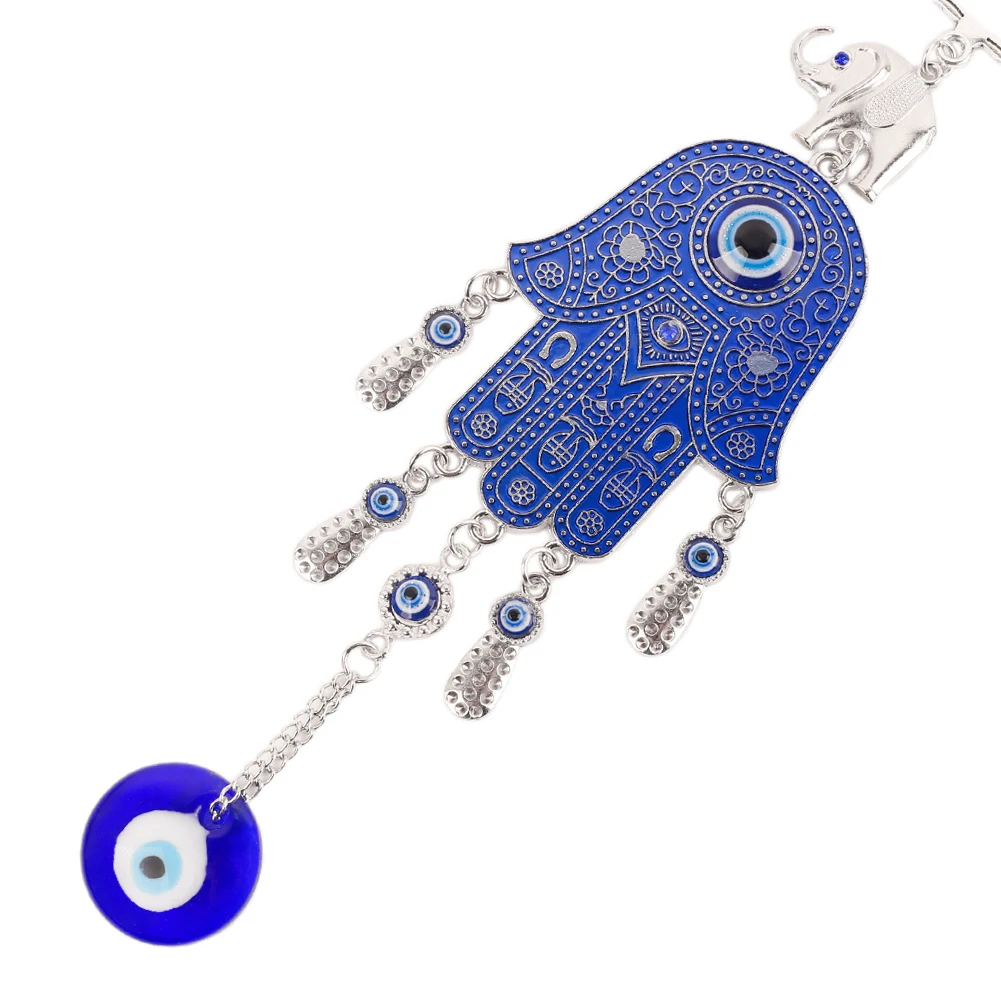 Metal Hand of Fatima Blue Evil Eye Home Decor Crafts Wall Hanging Amulet Turkish Blue Eye Pendant Wind Chime Charm for Garden