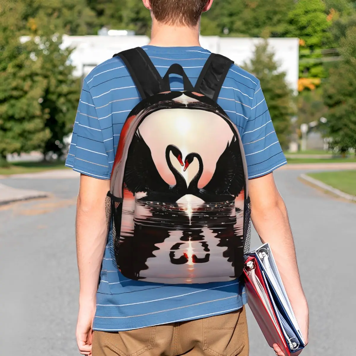 Two Swan With Sunset In Pond Backpack Student BookBag Children School Bag Computer Shoulder Bags for Boys Girls