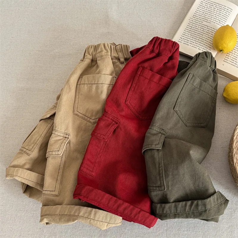 

2025 Spring New Children Cargo Pants Cotton Boys Casual Pants Solid Versatile Baby Girls Loose Trousers Kids Wide Leg Pants