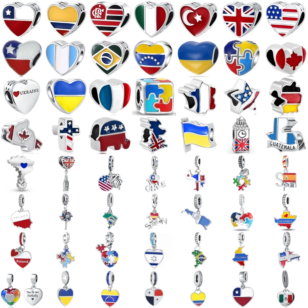 

925 Sterling Silver Country Flag Charms Enamel Beads USA Ukraine Brazil Italy Spain Map Pendant Travel Souvenir DIY Jewelry Gift