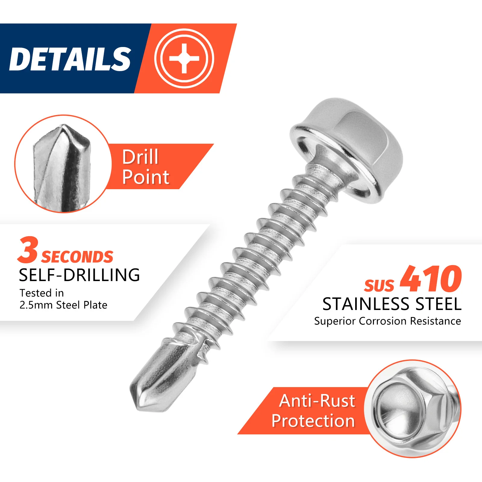 # 8 M4.2 مسامير الصفائح المعدنية ذاتية التنصت 410 سداسية من الفولاذ المقاوم للصدأ غسالة الرأس عالية القوة سريعة التنصت مسامير تيك مخرطة للمعادن