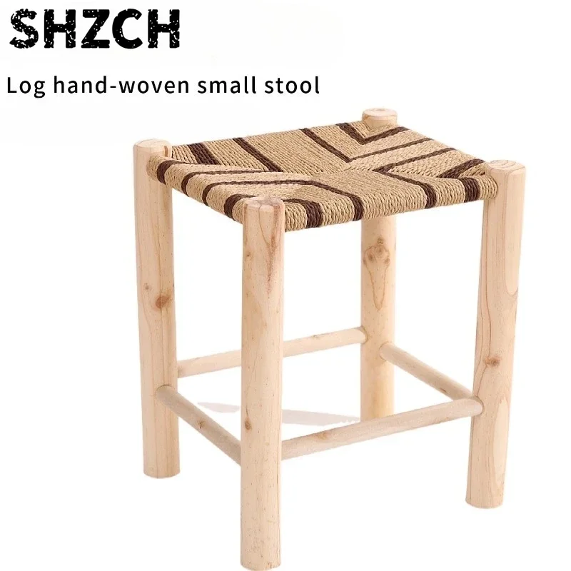 Modern Handmade Rope Woven Solid Wood Stool Living Room Side Tea Table Mortise-Tenon Dining Chair Vanity Bench