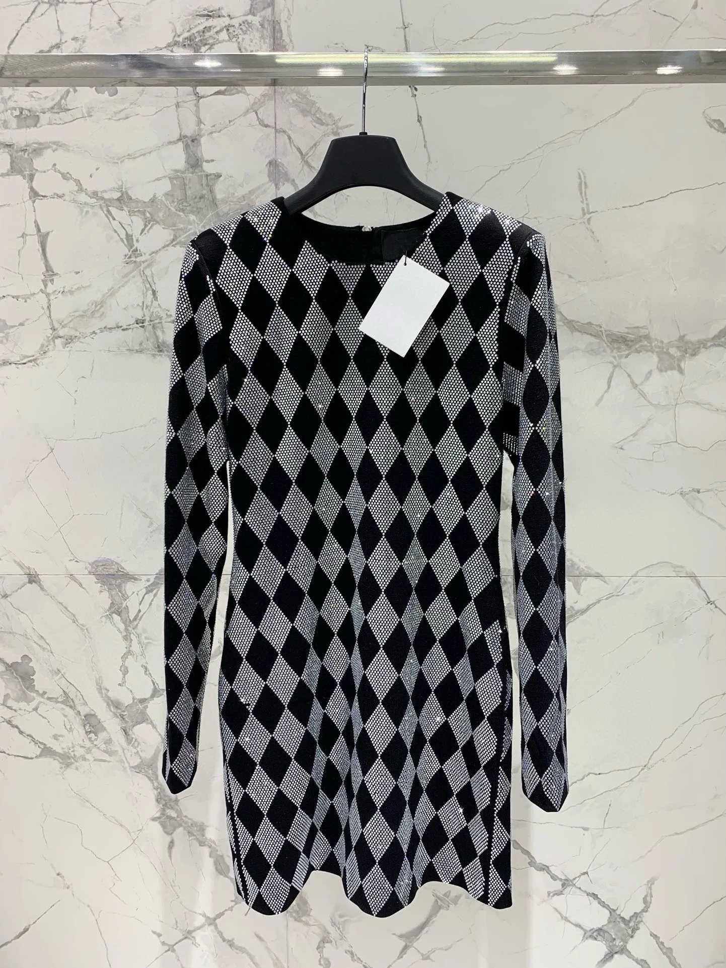 Skirt y2k Spring/Summer Black And White Diamond Check Knit Long Sleeve Short Dresses2025Stretchy Slimming Slimming Party Dresses