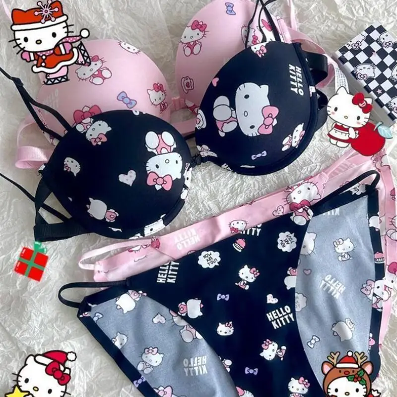 Hot 2Pcs Women Underwear Set Hello Kitty Anime Kawaii Cotton Small Breasts Bra Underpants Student Girl Sweet Comfort Soft Clothe