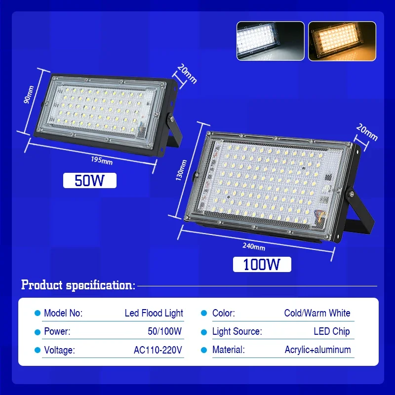 LED Flood Light 50W 100W AC 110V 220V Reflector Spotlight Street Light Wall Lamp IP65 Waterproof Outdoor Garden Lighting