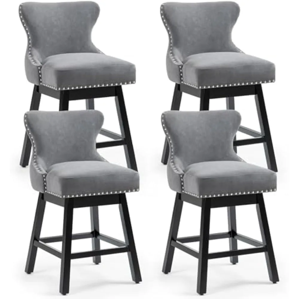 Swivel Bar Stools Set of 4, 26 Island Chairs with Wood Legs & Adjustable Foot Pads, Fabric Counter Stools with Back & Pull Ring