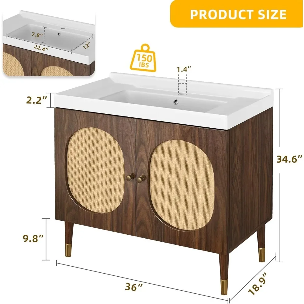 36" Rattan Vanity with Sink, Freestanding Bathroom Vanity Cabinet, Boho Style with 2 Large Soft-Closing Doors & Four-Sided