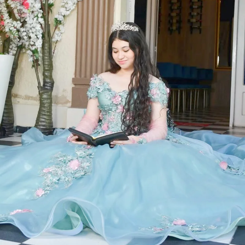 

Blue Quinceanera Dress crystal glitter 3D flower Decal Long tail Bow Vestidos De 15 Quinceanera ﻿Customize