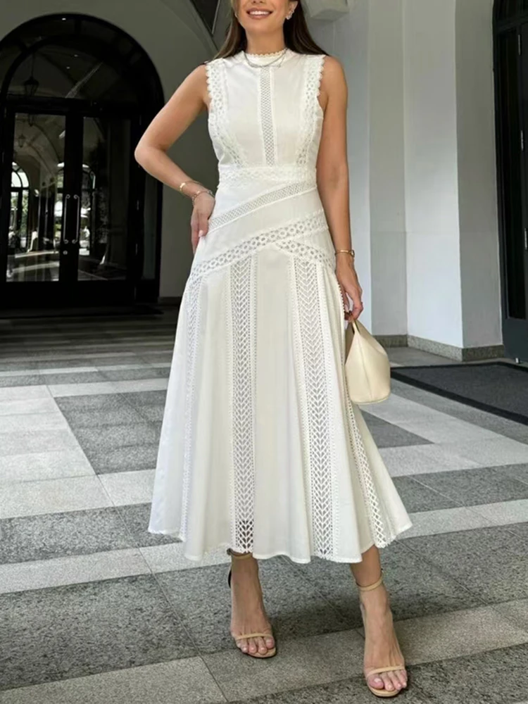 VGH Solid Embroidery Elegant Long Dresses For Women Stand Collar Sleeveless High Waist Hollow Out A Line Dress Female New 2024