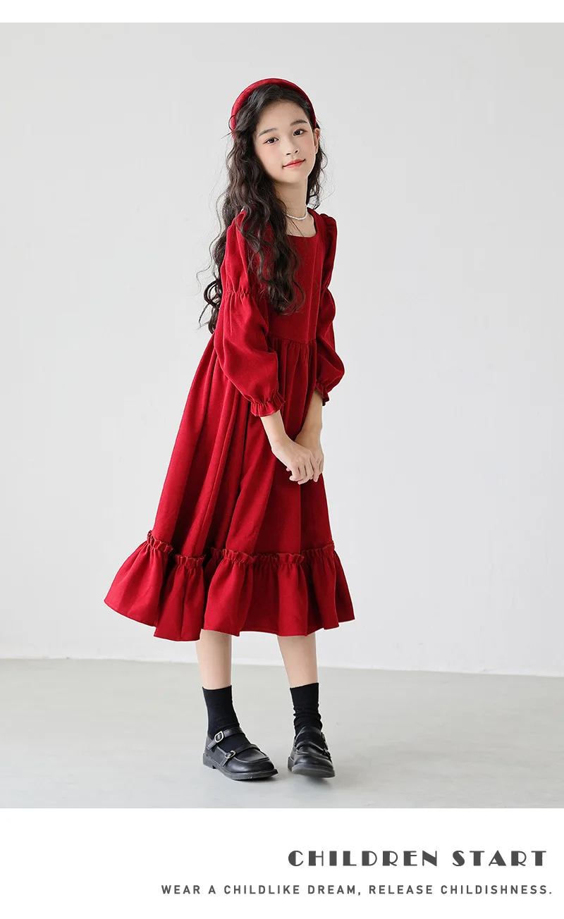 Kinder Mädchen Langarmkleider Herbst UNITIM 4-14 Jahre Kinder Mädchen Kleid mit quadratischem Kragen Rotes Kleid mit Rüschen Junior Mädchen Prinzessinnenkleider – Detail 4