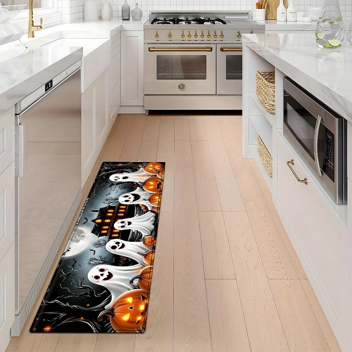 Spooky Halloween Runner Mat Set Ghost Jack-o-Lantern Moon Bat Pattern Indoor Home Festival Decor Floor Rug