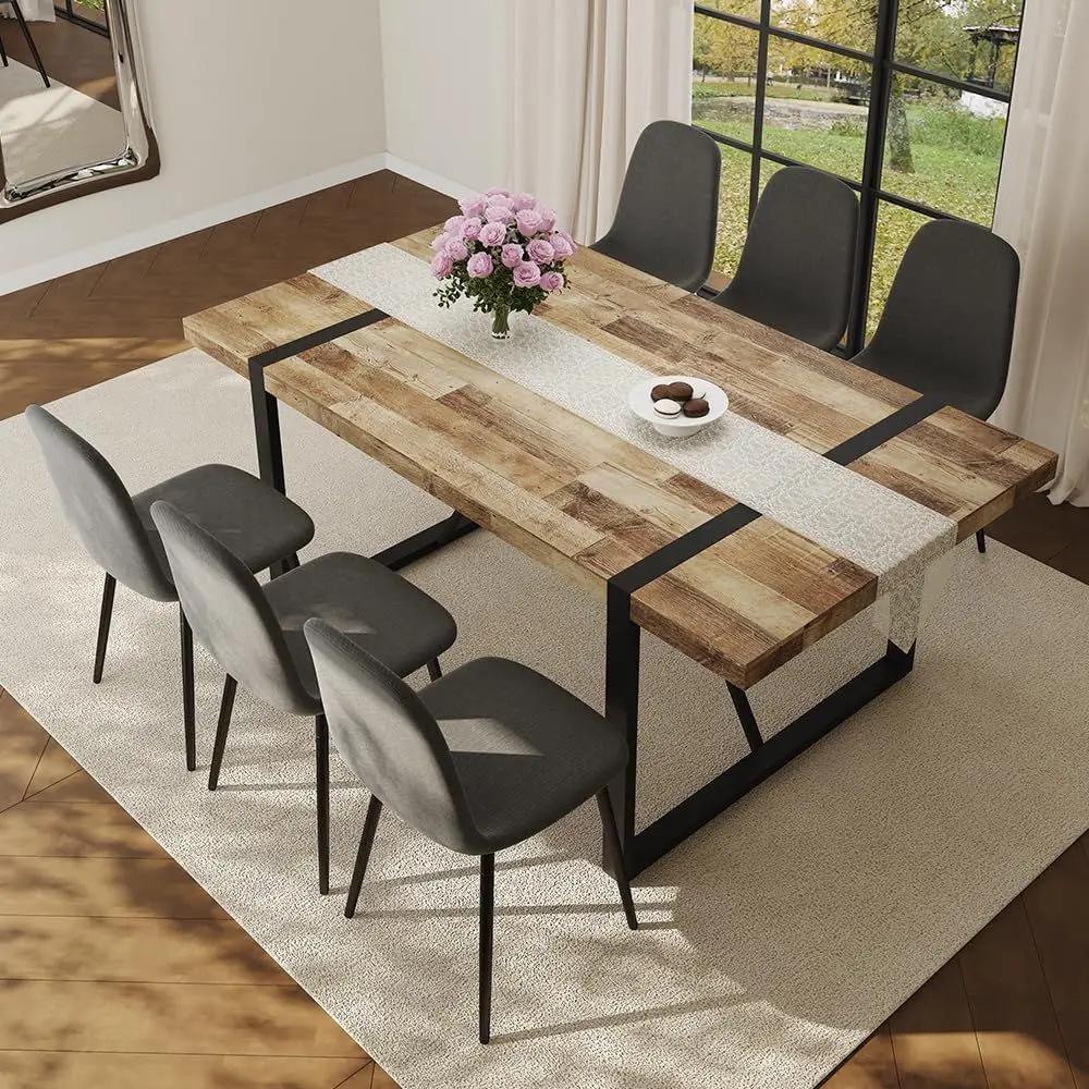 

6-Piece Dining Set: 71 Elegant Rectangular Table with 6 Linen Chairs for Home, Living Room, Office, or Conference