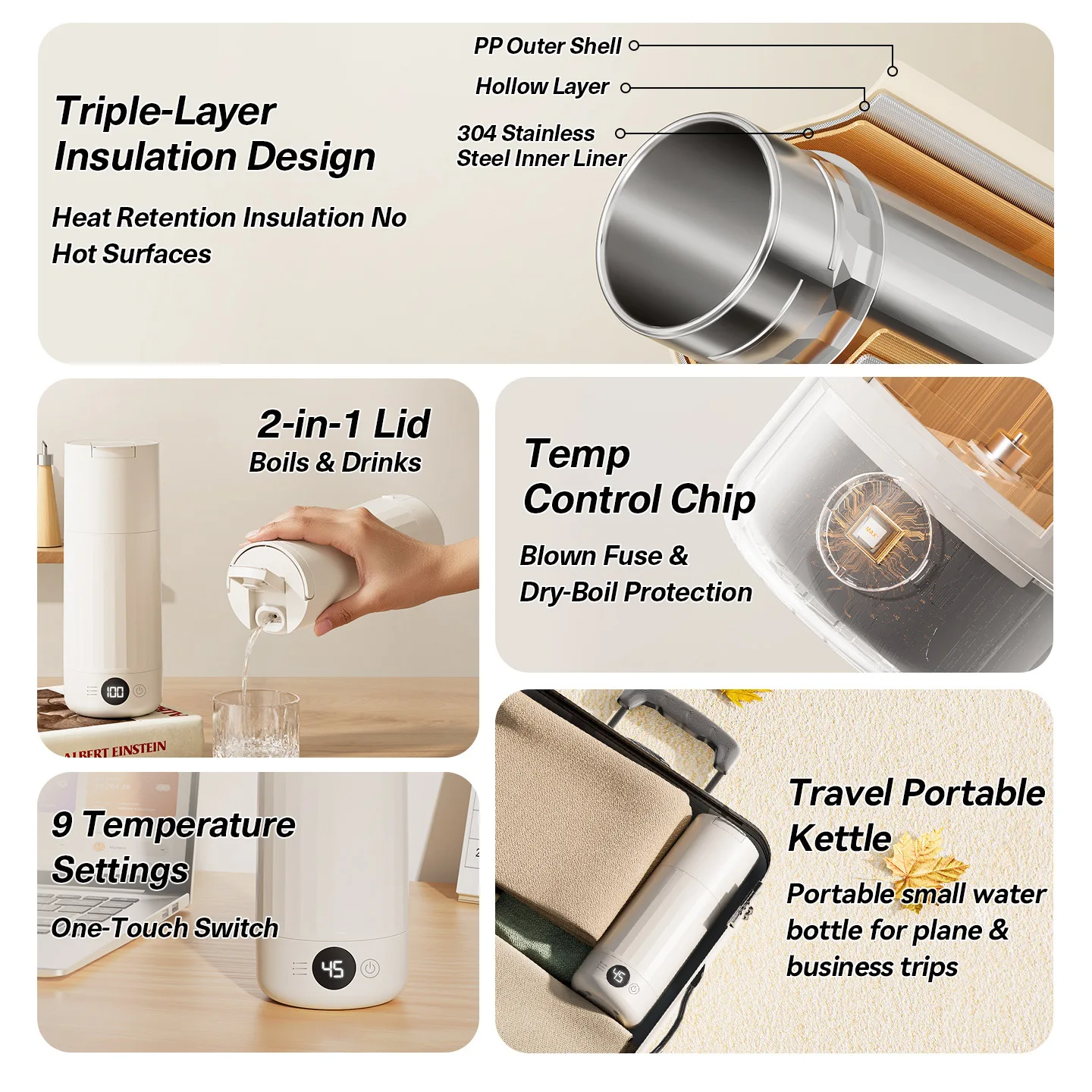 Electric Stewing Cup, Portable for Travel, with 316 Stainless Steel Inner Liner, Electric Cooking Cup/Water Boiling Cup