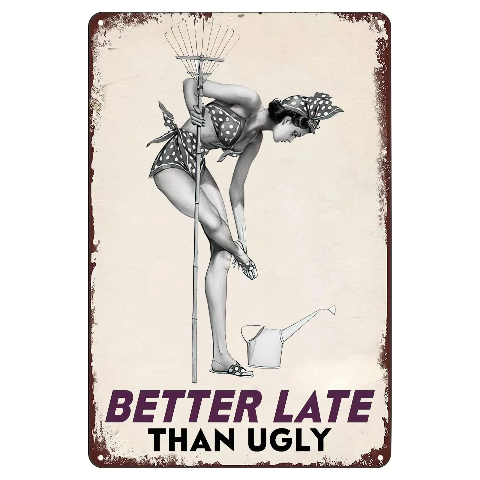 Pin Up Girl Metal Tin Sign Better Late Than Ugly Retro Tin Plaque Pinup Girl Sexy Hot Woman Wall Decor for Home Bathroom Hotel