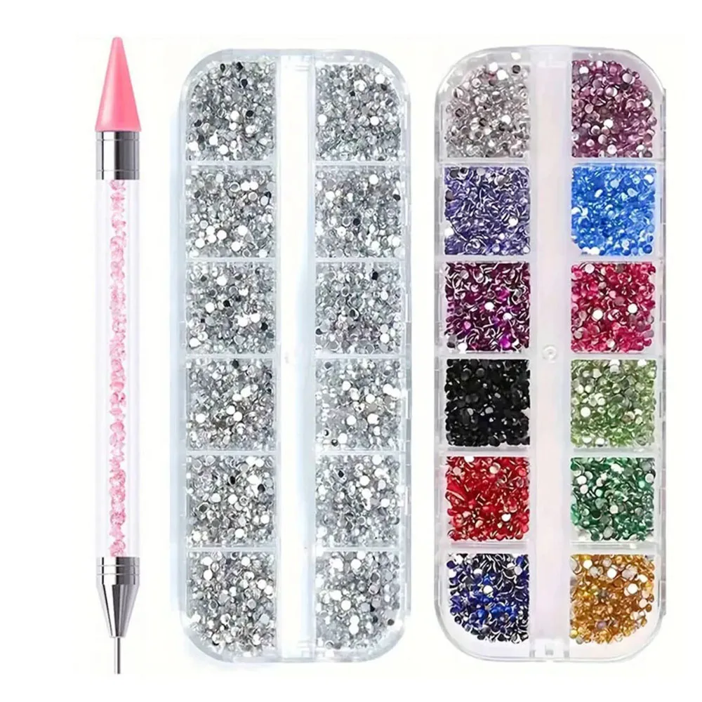 2 caixas de strass com parte traseira lisa com ferramentas pontilhadas de ponta dupla, pedras preciosas de diamante de cristal colorido para manicure, artesanato, decoração de arte de unha
