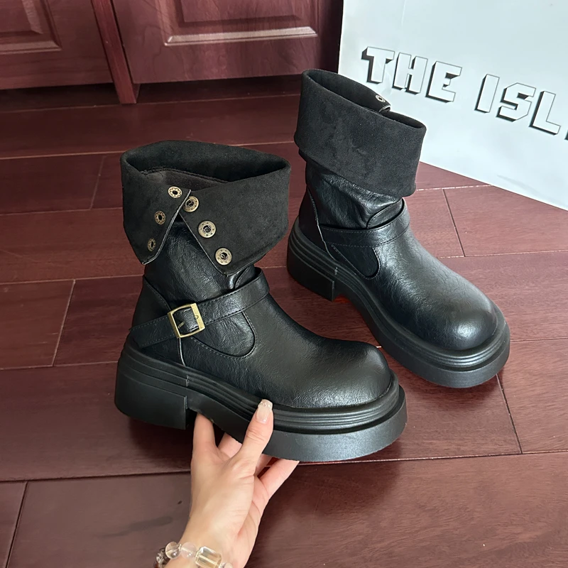 

New Style Fashion Women's Brown Mid-Calf Women's Boots Autumn Two-Way Wear Heightening Ort Boots Casual Boot Zapatos Mujer