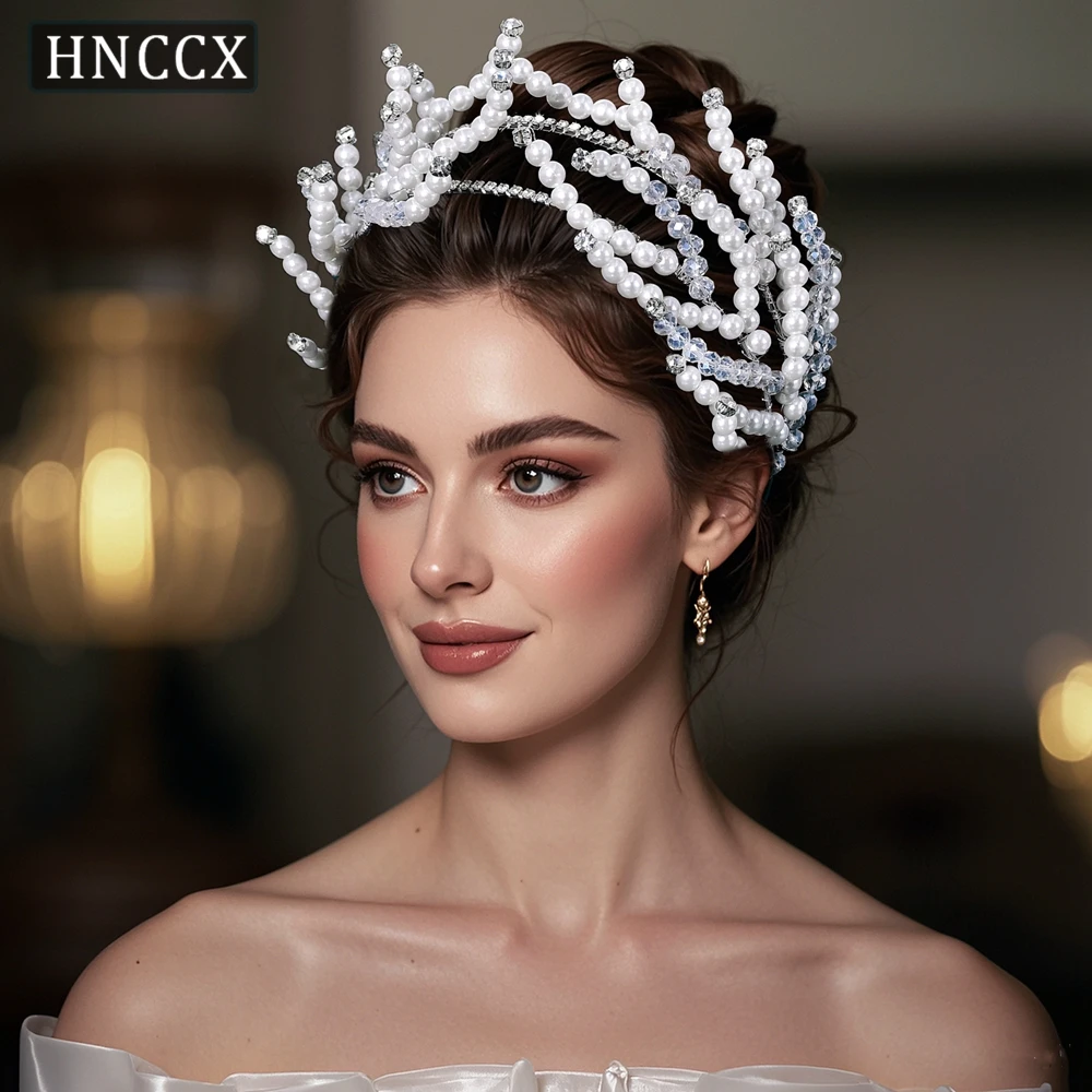 

HNCCX Handmade Bridal Headband Pearl Crown Wedding Headpieces Women Prom Silver Color Hair Jewelry Rhinestone Headwear CP842