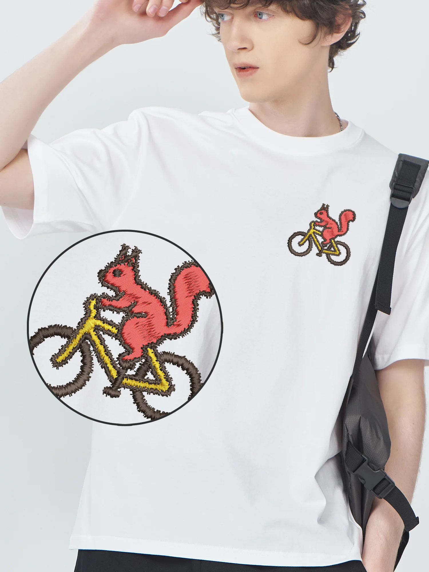 

Squirrel By Bike Embroidered T Shirts Unisex Women Men Luxury Designer Cotton Embroidery Camiseta Masculina