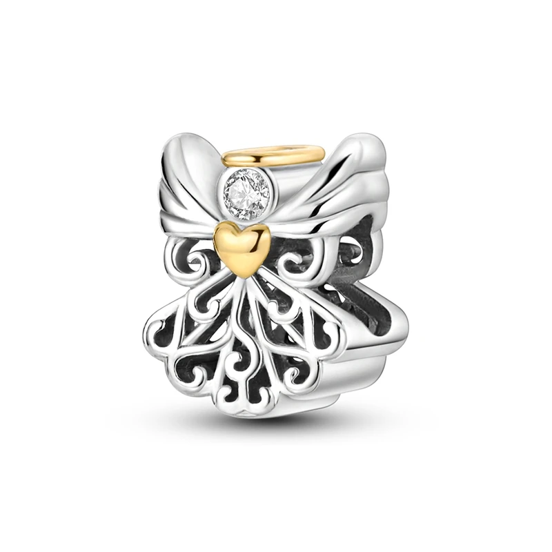 925 Sterling Silver Guardian Angel Wing Charm Two-tone Gold Heart & Halo CZ Inlaid Bead Fit DIY Bracelet Women Fine Jewelry Gift
