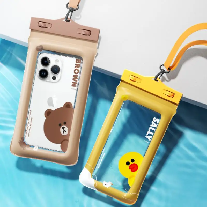 Linha amigos marrom saco à prova dwaterproof água anime bonito portátil selado saco menina tela de toque simples marrom decorar presente ao redor