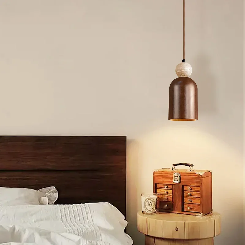 TechHPJapanese Wabi-Sabi Stone Pendant Light Led Yellow Travertine Hanging Lamp For Bedroom Bedside