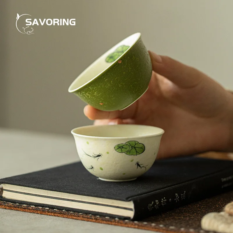 Hand Painted Green Tea Cup Dripping Gold Ceramic Cups Home Aesthetic Pair Kung Fu Tea Set Tasting Cup Teacups Unusual Puera Bowl