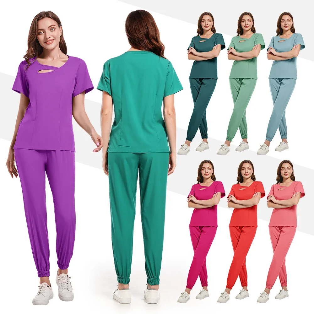 

Scrubs Medical Uniforms Women Short Sleeve V-neck Pocket Care Workers T-shirt Tops Autumn Uniformes De Enfermera Mujer