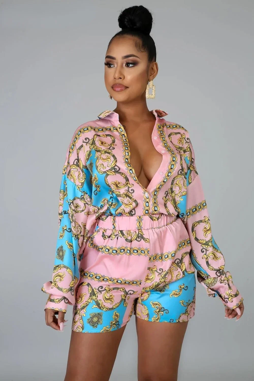 NOVEDAD DE VERANO 2020, trajes de cumpleaños con estampado Sexy para Club, conjunto de dos piezas con estampado de elementos geométricos, Colorfu