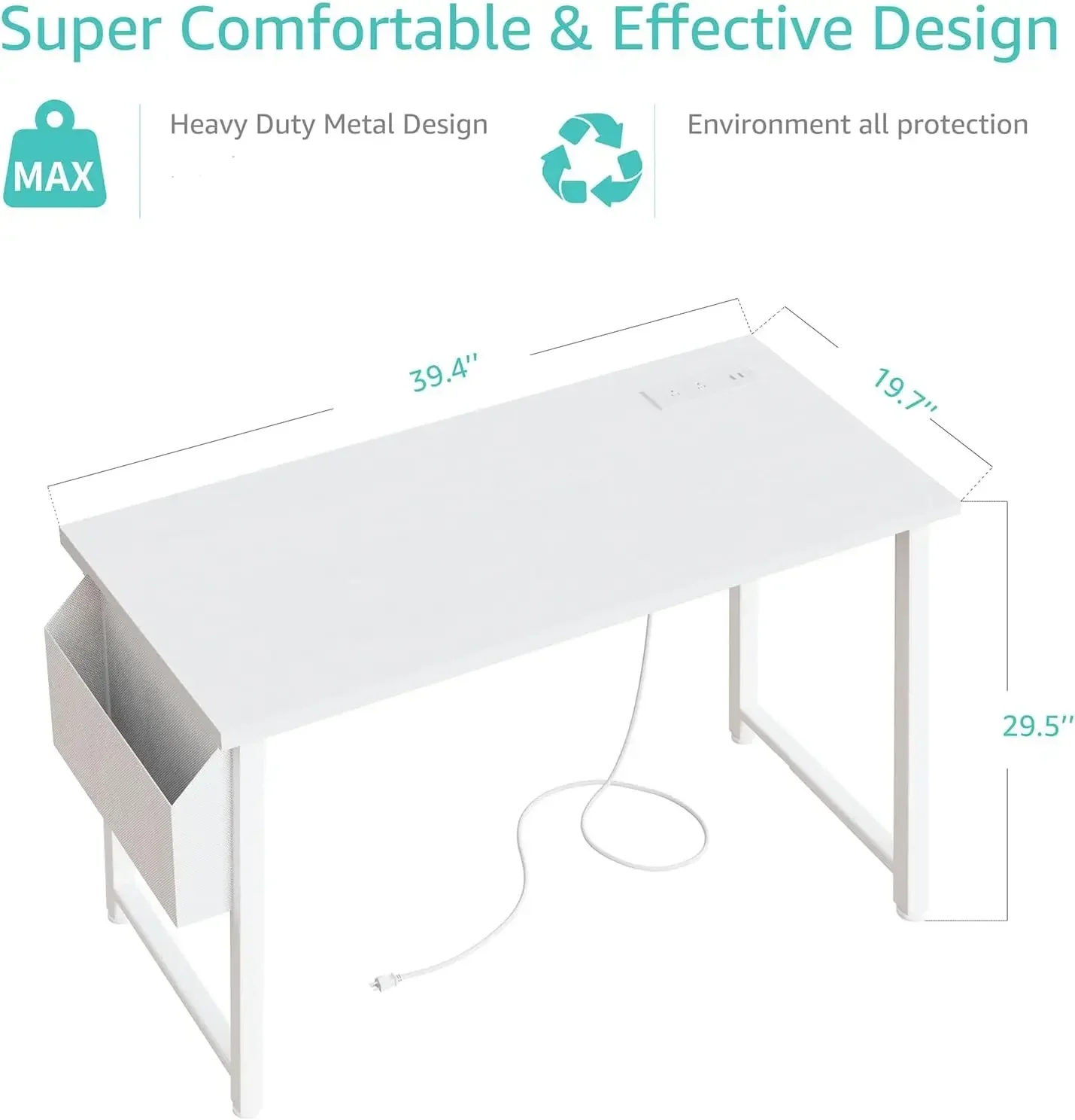 39 inch White Computer Desk with Power Outlet, 40 inch Teen Study Table Home Office Work Writing Desks with Charging Sta