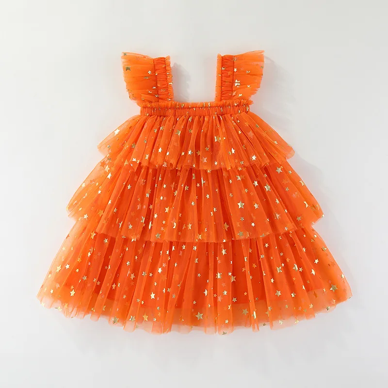 Girls Halloween Flutter SleeveTiered Tulle Dress Ghost & Pumpkin Decor Princess Party Costume Dress Festive Clothing for Girls
