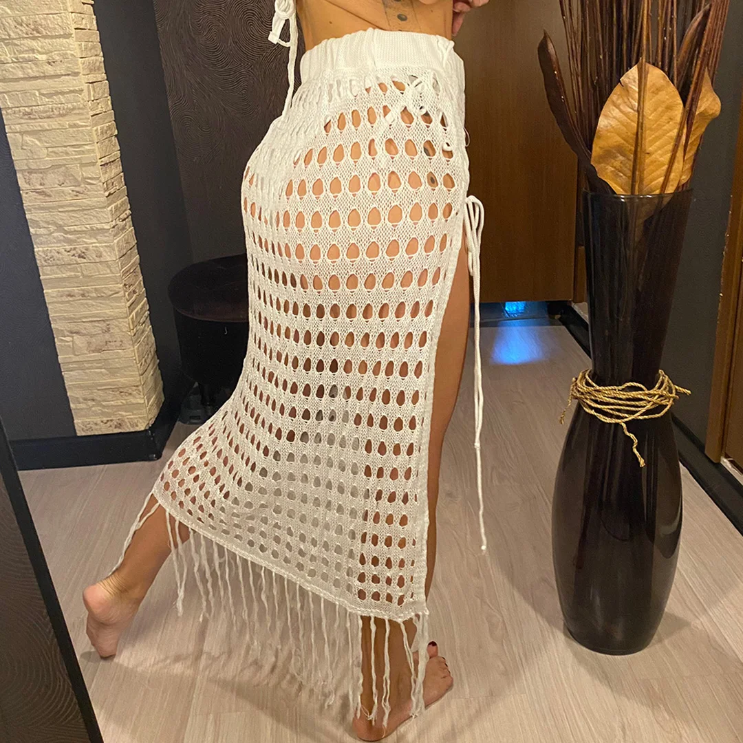 S - XL Neues, mit Fransen und Quasten versehenes, ausgehöhltes, gehäkeltes, gestricktes Tunika-Strandkleid, Strandkleid, Strandmode, Damenmode V5639 – Detail 12