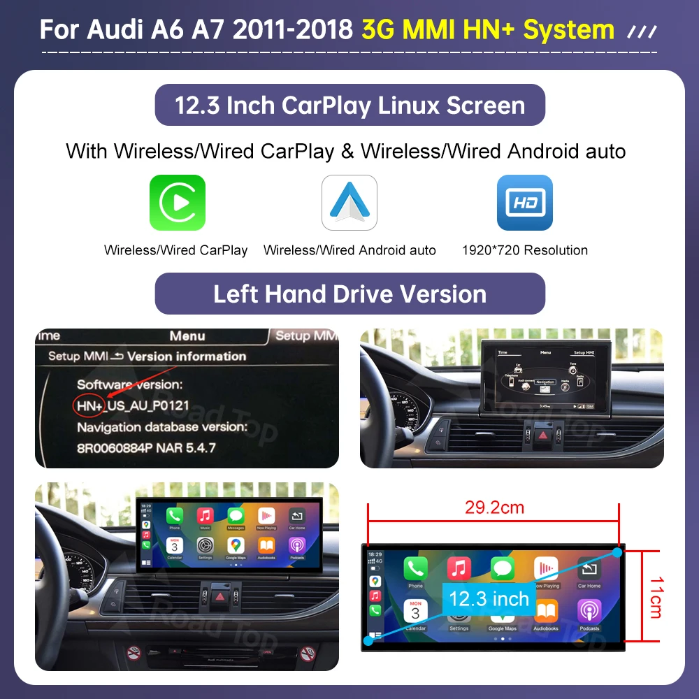 Road Top 12,3-Zoll-Linux-Bildschirm für Audi A6 C6 A7 C7 2011–2018 mit kabellosem CarPlay Android Auto Airplay Autoradio-Player