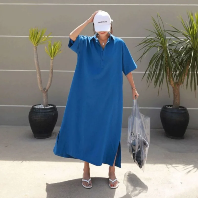 

plus Size Women's Midi Dr Korean Sle Loose Long Skirt ort Sve Collar Summer Casual Straight Cut Maxi Dr