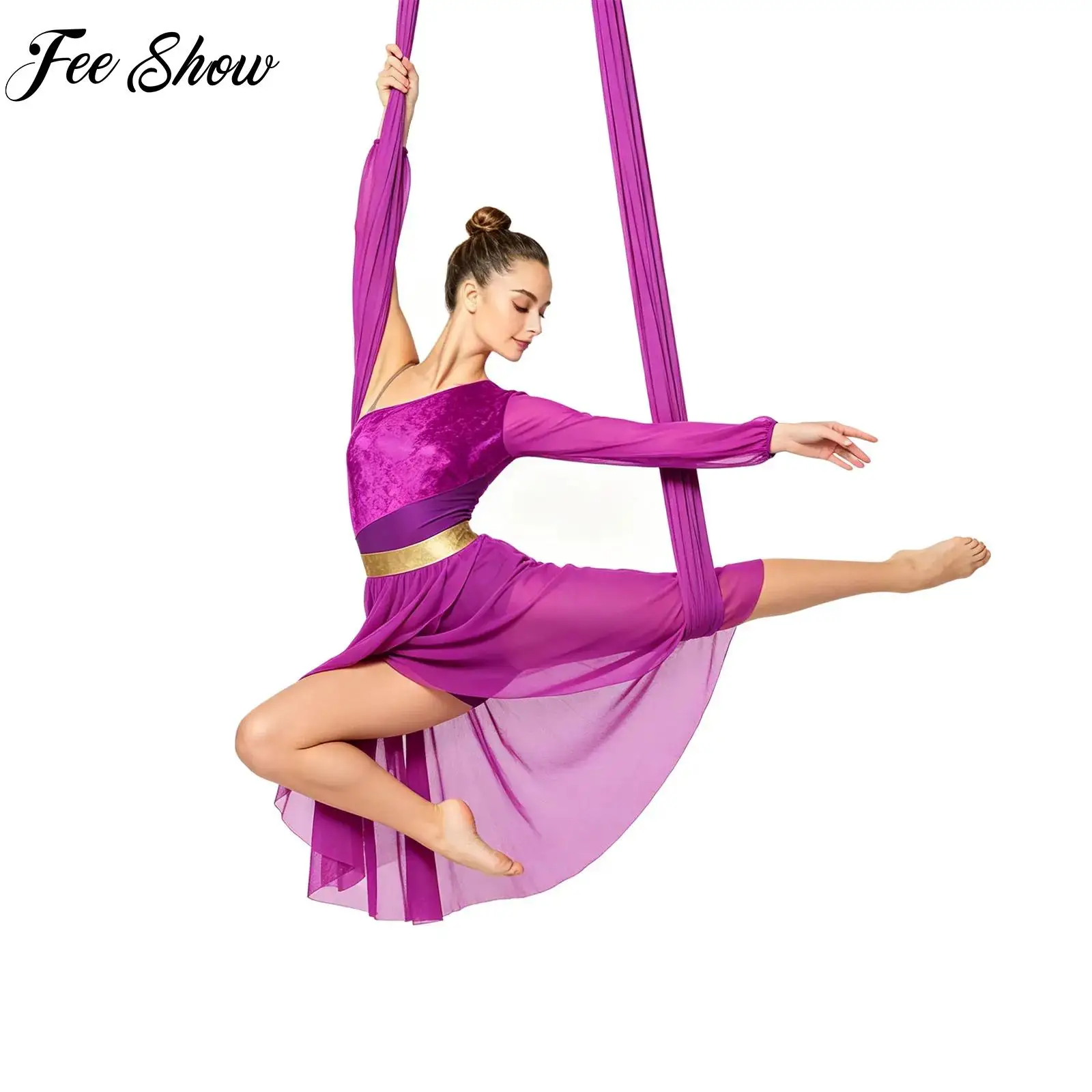 

Women Lyrical Dance Dress Long Sleeve Irregular Hem Metallic Shiny 2-layer Chiffon High-low Dress for Figure Skating Modern