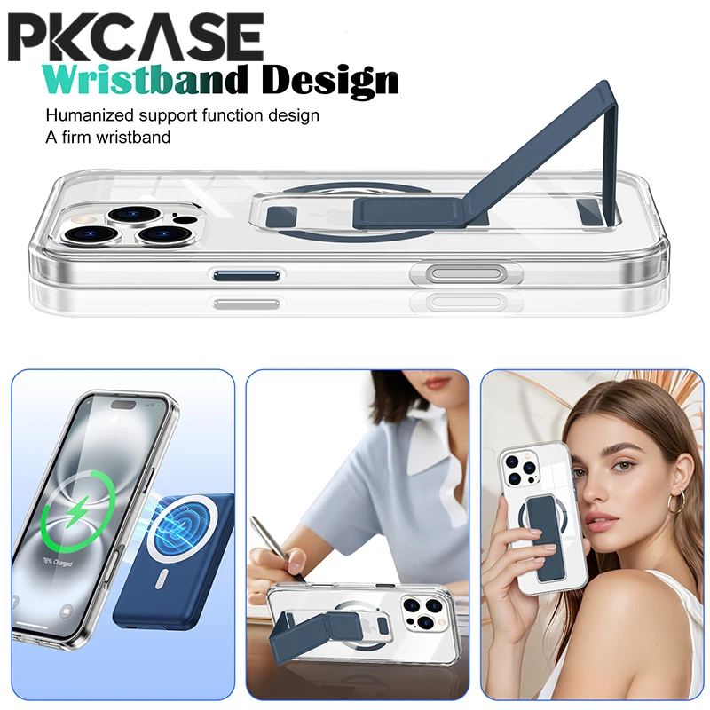 PKCASE Unsichtbare, faltbare Handgelenkschlaufe mit Ständer, Handyhülle für iPhone 18 17 Air 16 15 14 Plus 13 12 Pro Max, magnetische, transparente Hülle – Detail 3