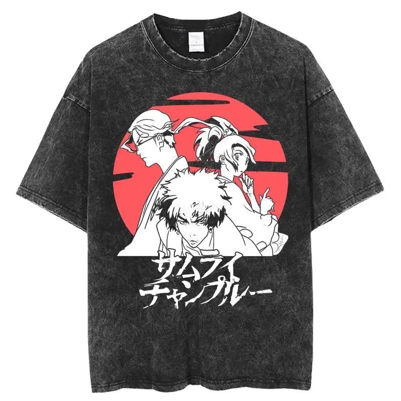 

BANDAI Fashion Japanese Anime Chaos Samur Champloo Retro Washed Old Short-sleeved Cotton Printing T-shirt for Men and Women
