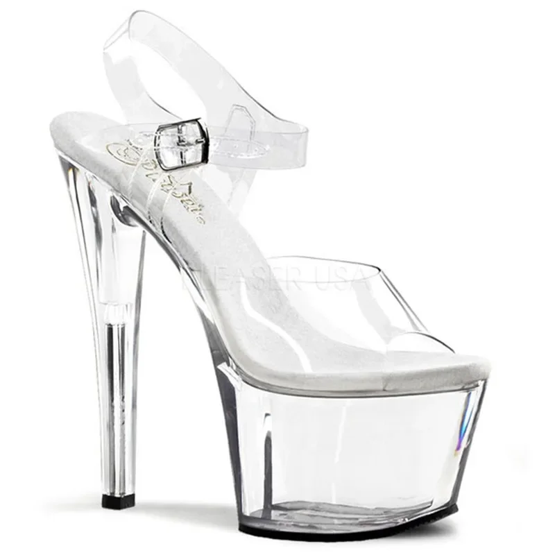 Open Toe Comfy Sandals Women's Sandals PVC Transparent 17CM Thin Heels Buckle Strap Waterproof Platform Crystal Women Dress Shoe