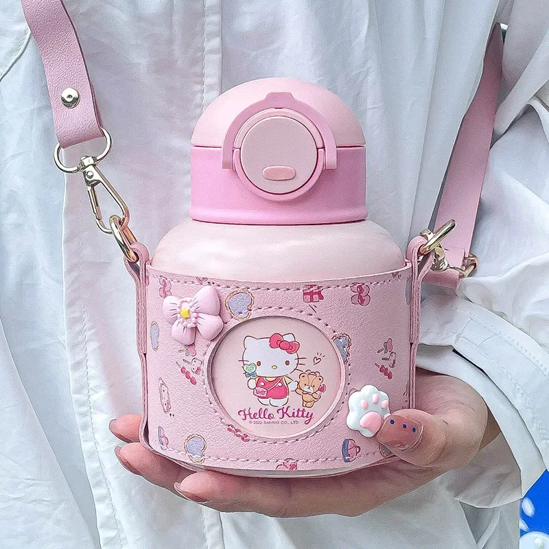 Sanrioed Hello Kitty My Melody Kuromi Cinnamoroll Insulated Water Cup Girls Cute Portable Cups High Value Pot Belly Cup Straws