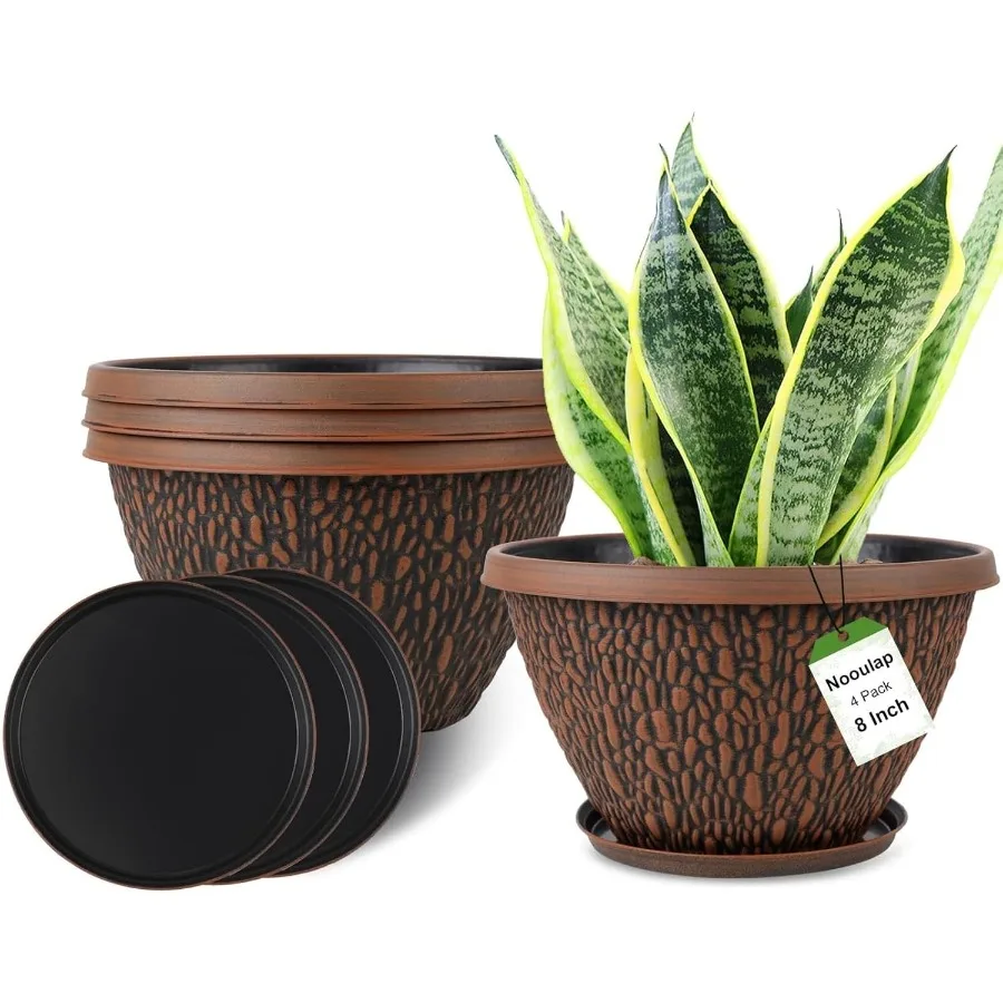 

4 упаковки 8-дюймовых маленьких цветочных горшков с дренажным отверстием для наружного использования в помещении, утолщенные пластиковые горшки для сада, дома, деко