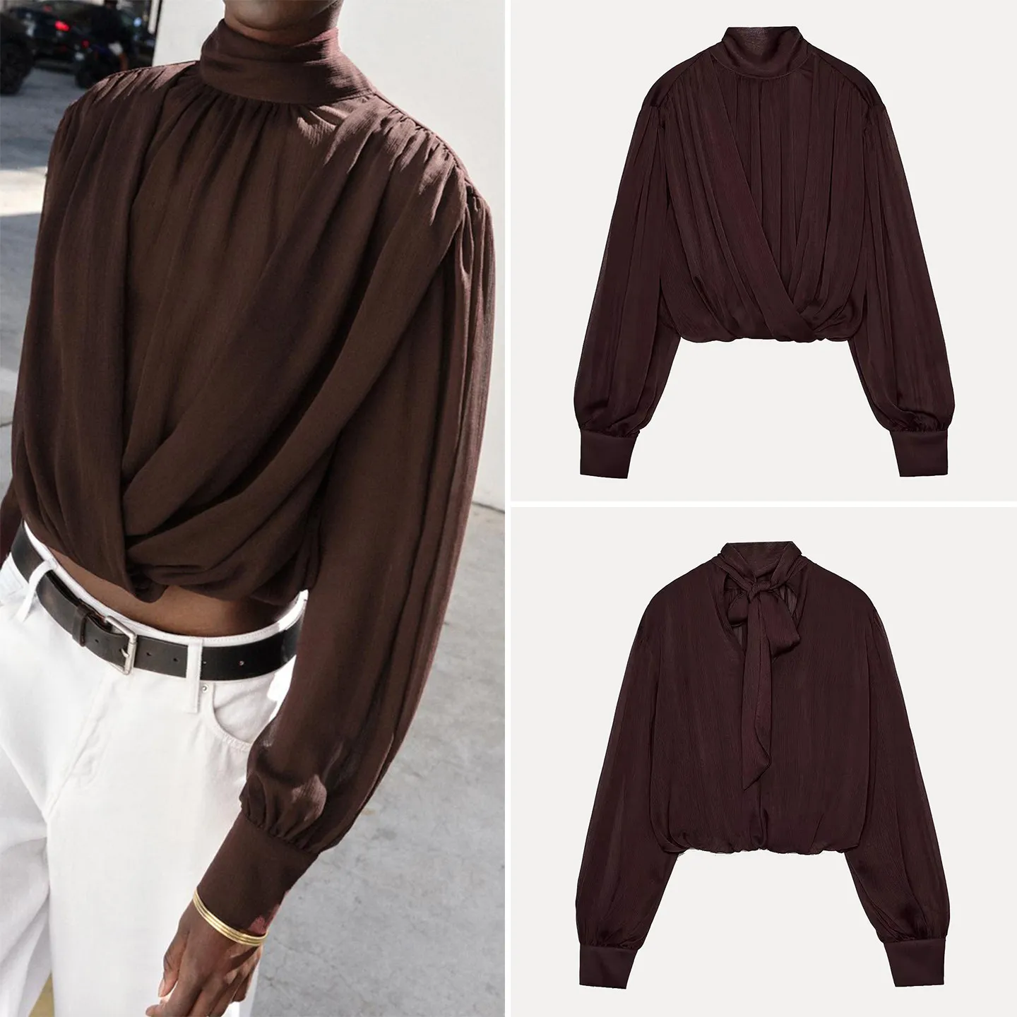 

Ele Long Sve Stand Collar Knot irt Women's Faion Spring 2026 Z Loose Fit European Sle Top