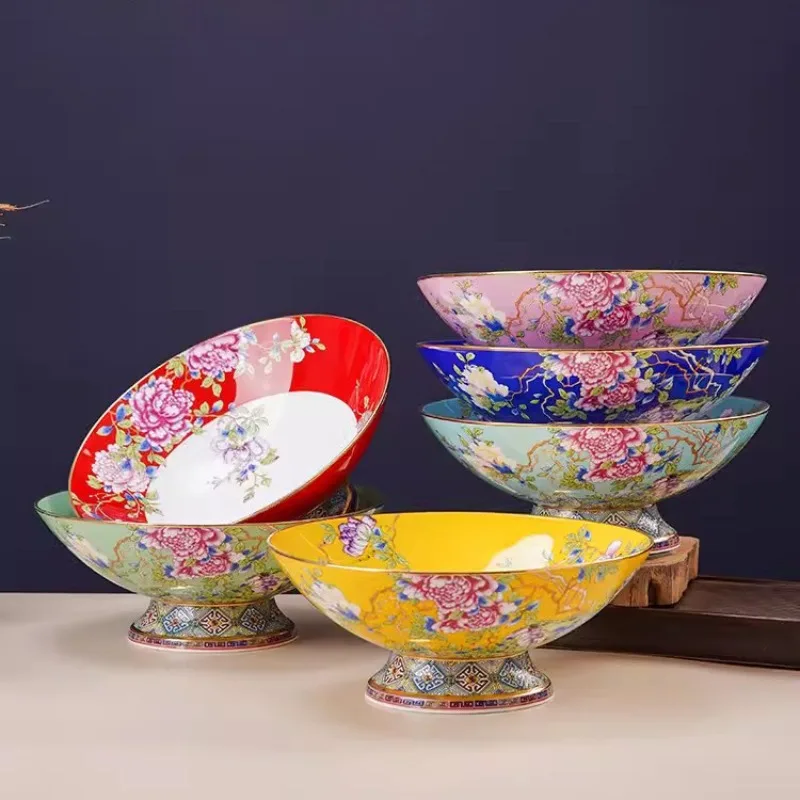 9.5-Inch Hat Enamel Color Ceramic Noodle Bowl Large Soup Chinese Home Soup High Foot Noodle Bowl