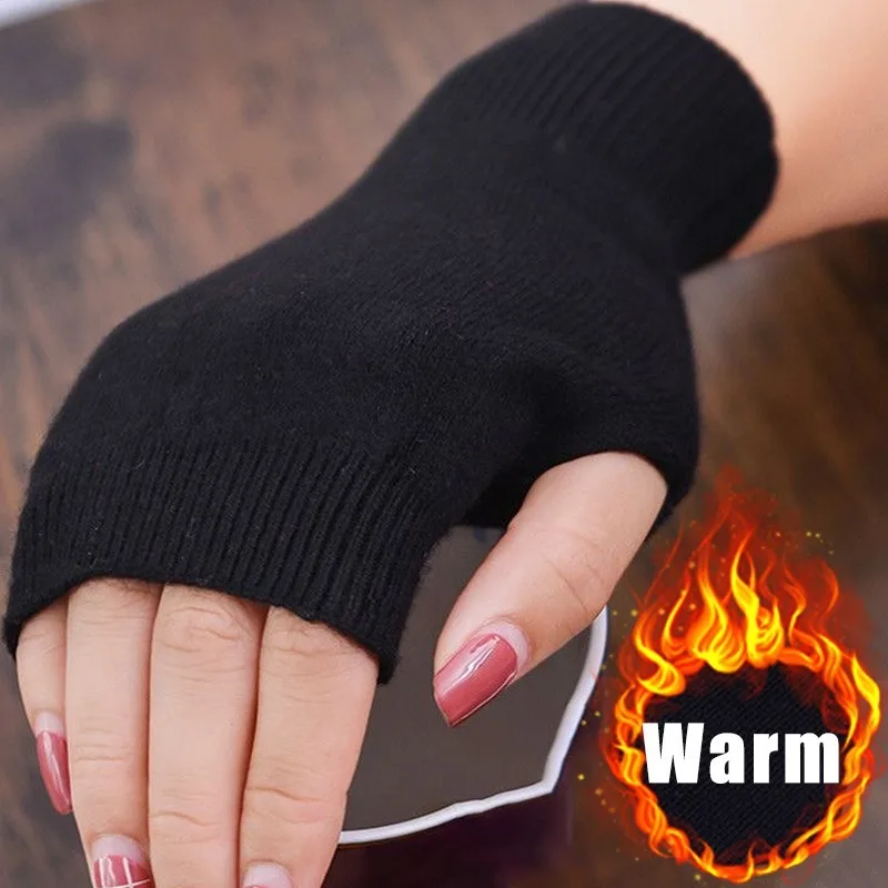 1Pair Winter Half Finger Gloves Knitted Fingerless Mittens Warm Cuff with Thumb Hole Stretchy Short Hand Warmer for Men Women