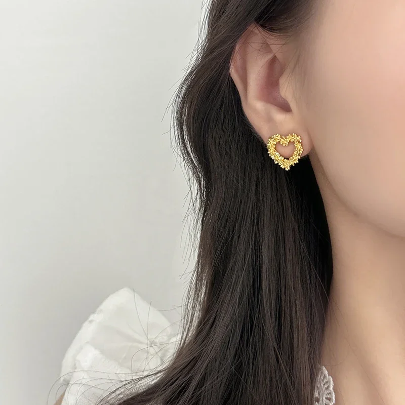 

Real 925 Sterling Silver 18K Gold Hollow Irregular Heart Stud Earrings for Women Minimalist Fine Jewelry Cute Accessories