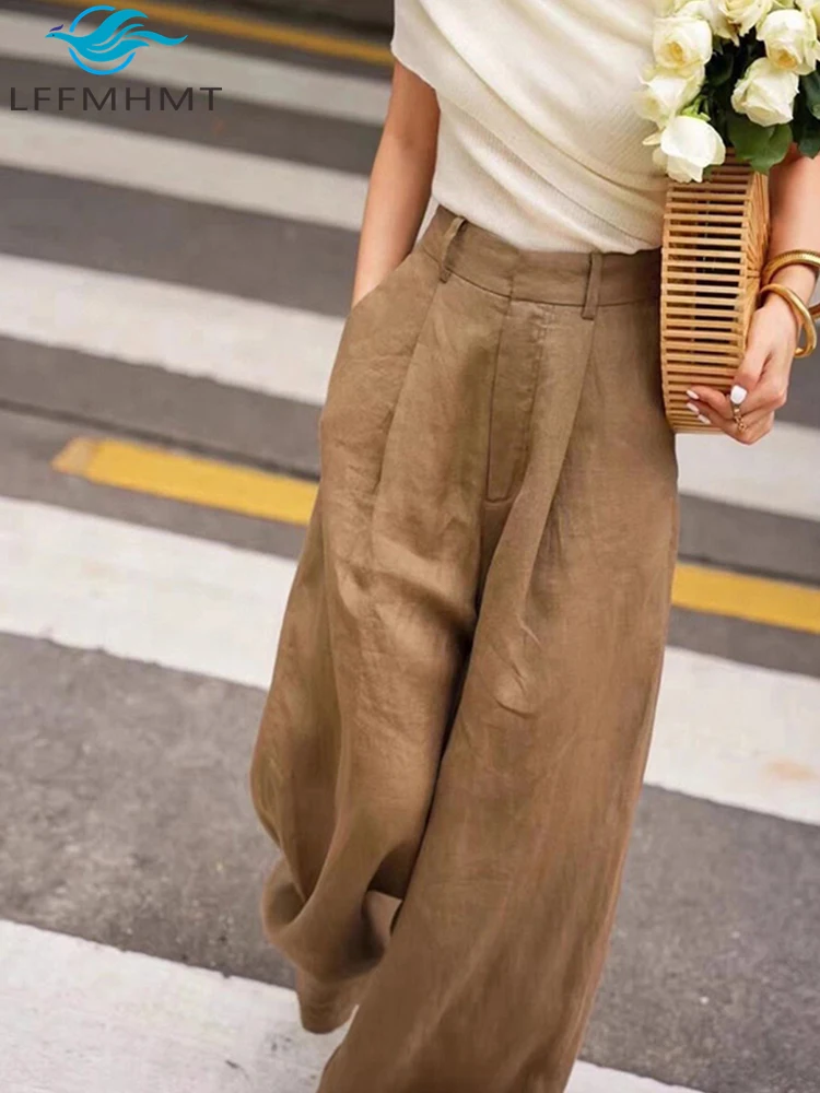 Spring Autumn Fashion Women's Good Quality Vintage Cotton Linen Pants Female Solid Color Simple Basic Wide Leg Straight Trouser