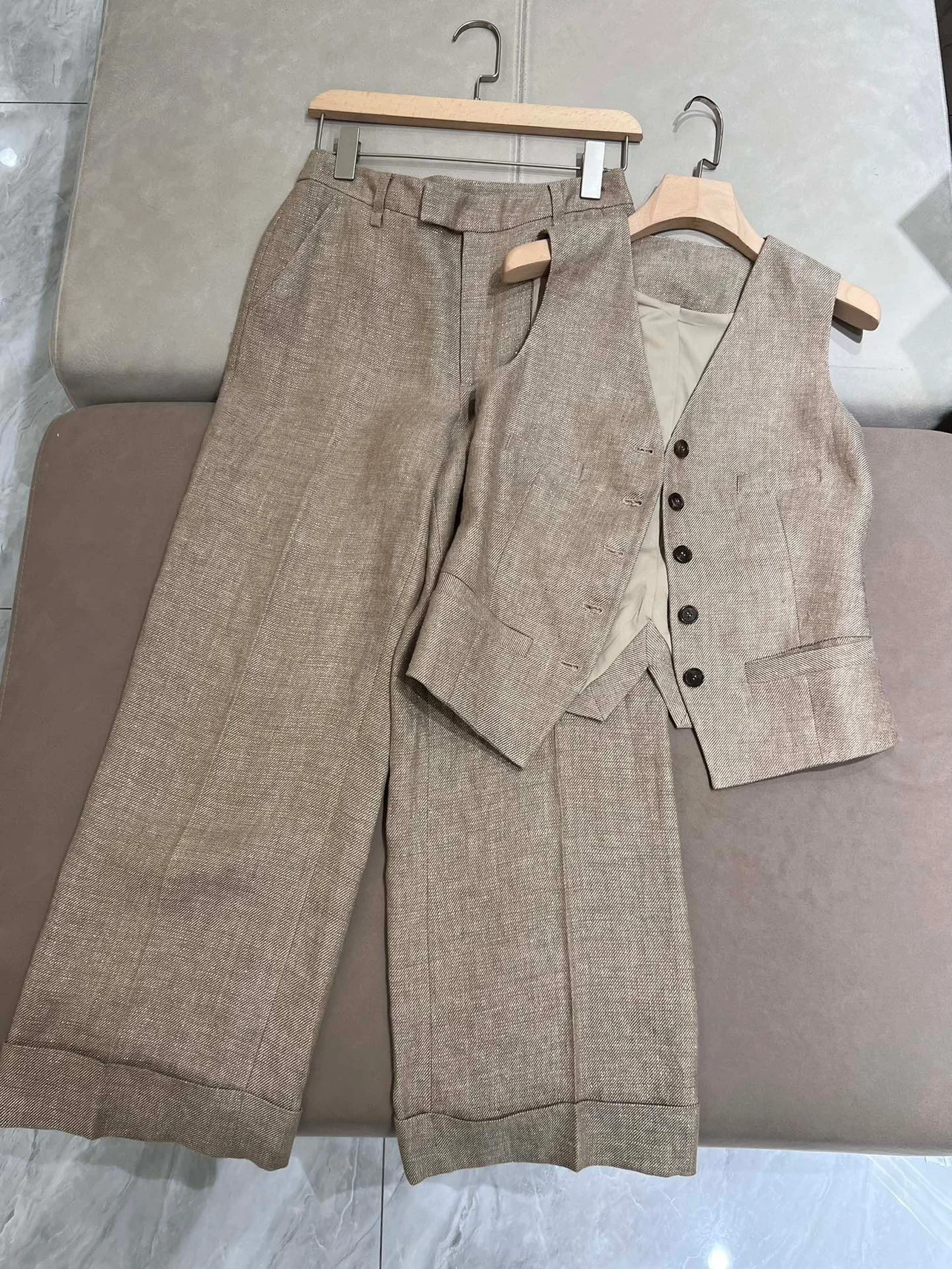 Primavera B * C pantaloni da donna completo giacca Blazer in lino + gilet + pantaloni a gamba larga a vita alta 3 pezzi Set abbigliamento femminile