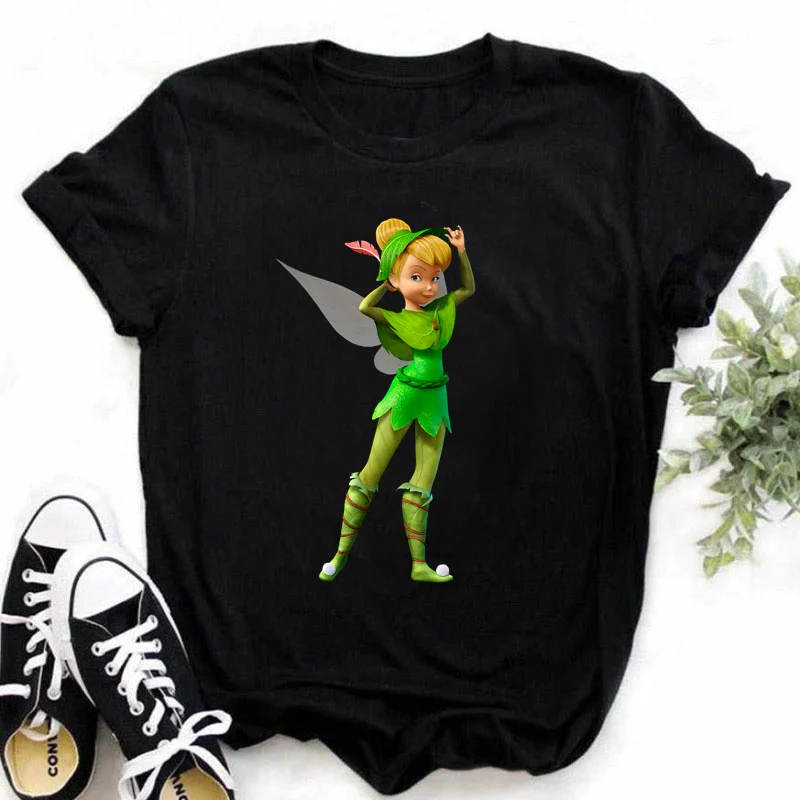 T-shirt imprimé Disney Tinkerbell pour femme, T-shirt à manches courtes, T-shirt léopard, Vêtements Kawaii, Noir, Blanc