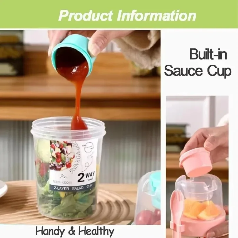 Portable Salad Double Layer Cup Fruits Oatmeal Yogurt Breakfast Lunch Box Food Storage Cup Outgoing Overnight Cup with Lid Spoon
