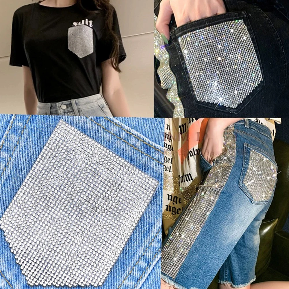 Luxo Rhinestone Patches para Vestuário, Impressão Bling Cristal, Etiqueta Do Bolso, Jean Applique, Motivo De Transferência, Decoração DIY